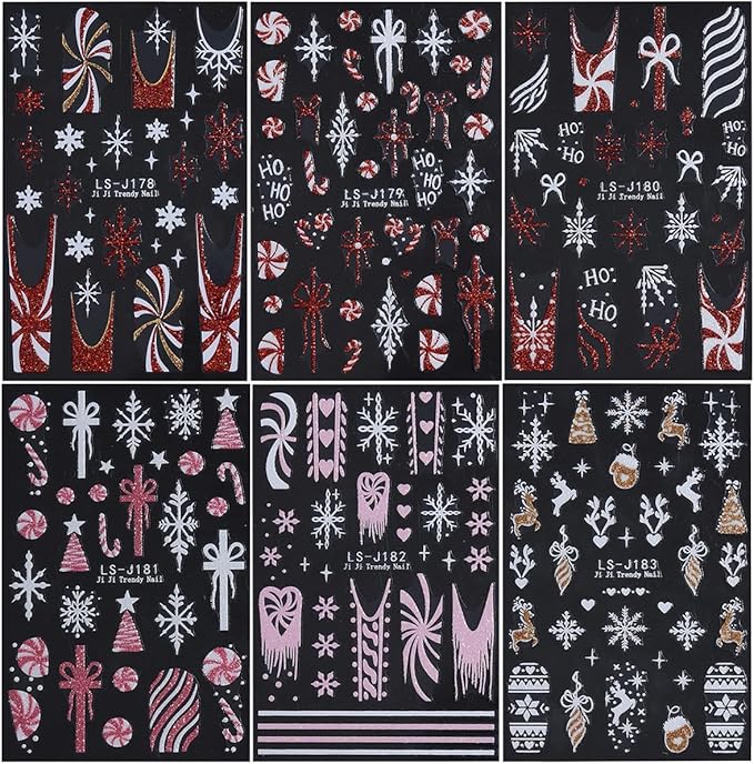 Christmas Nail Art Stickers Glitter Snowflake Candy Self-Adhesive Xmas Nail Decals Nail Art Supplies 6PCS Red Gold Glitter Xmas Tree Bow French Tip HOHO Design Christmas Stickers for Nails Decoration