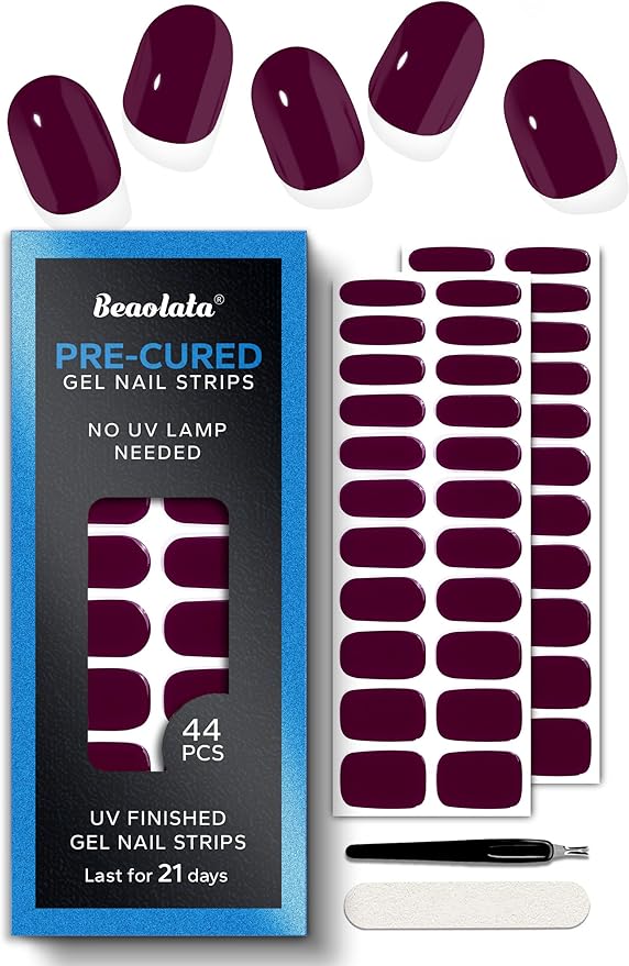 Pre Cured Gel Nail Strips - 44PCS Salon Quality Gel Nail Stickers - Long Lasting Polish Wraps for Women no UV Light Needed Easy Apply& Remove (Midnight Eclipse Red)