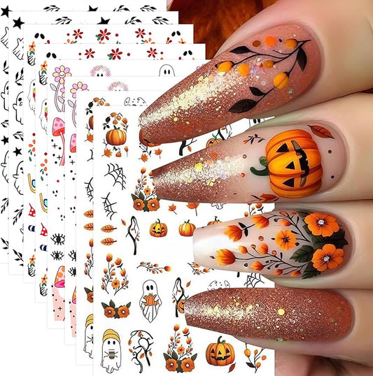 8 Sheets Halloween Nail Art Stickers Decals Ghost Pumpkin Nail Decals 3D Self-Adhesive Pink Mushroom Flower Ghost Nail Supplies Nail Decorations Gothic Nail Sticker for Women Halloween Party