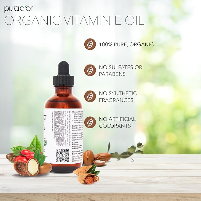 PURA D'OR 4 Oz ORGANIC Vitamin E Oil Blend - 100% Natural Hexane Free, Sweet Almond, Apricot, Jojoba, Argan, Rosehip, Sunflower & Avocado Bath Oil For Scars, Skin, Face & Full Body