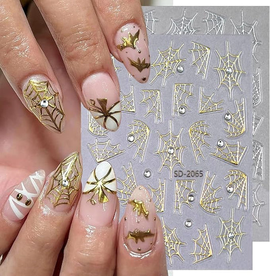 2 Sheets Halloween Nail Stickers for Nail Art 5D Embossed Self-Adhesive Spider Web Nail Art Stickers Black Silver Gold Glitter Spider Web with Diamond Nail Design Halloween Nail Decals for Women Nails