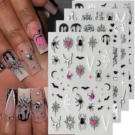 8 Sheet Halloween Nail Stickers Ghost Bat Spider Nail Decals 3D Self-Adhesive Spider Web Spooky Bat Spider Nail Art Stickers Design Gothic Nail Art Supplies for Holiday Acrylic DIY Nail Decoration