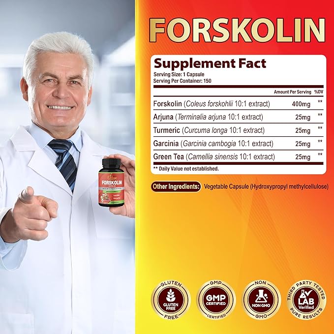 Organic Cadane Forskolin Supplement Capsules - 5in1 Concentrated with Turmeric Curcumin, Arjuna, Garcinia Cambogia, and Green Tea - 150 Capsules for 5 Months Supply