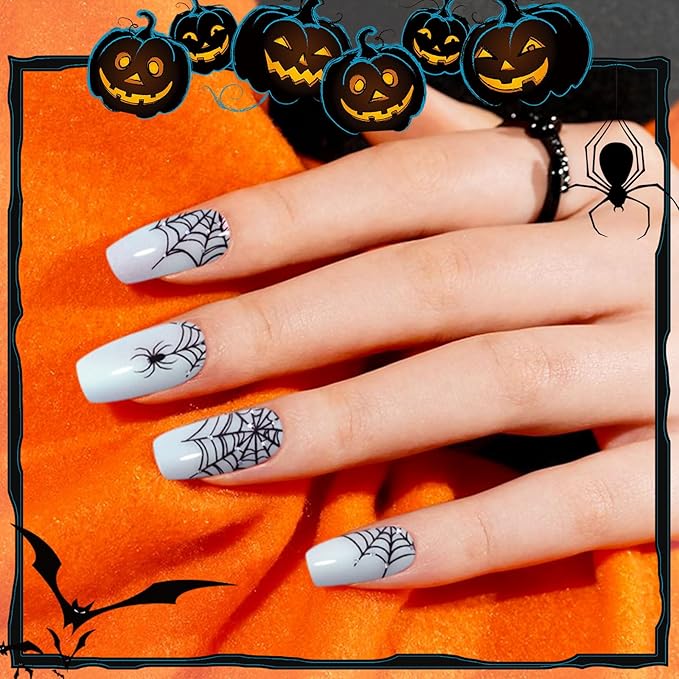 Halloween Semi Cured Gel Nail Strips, Spider | 28 pcs HalloweenSpider Gel Nail Strips Work with Any UV Lamp, Salon Quality Nails Stickers, Include Prep Pads, Nails File&Wood Stick