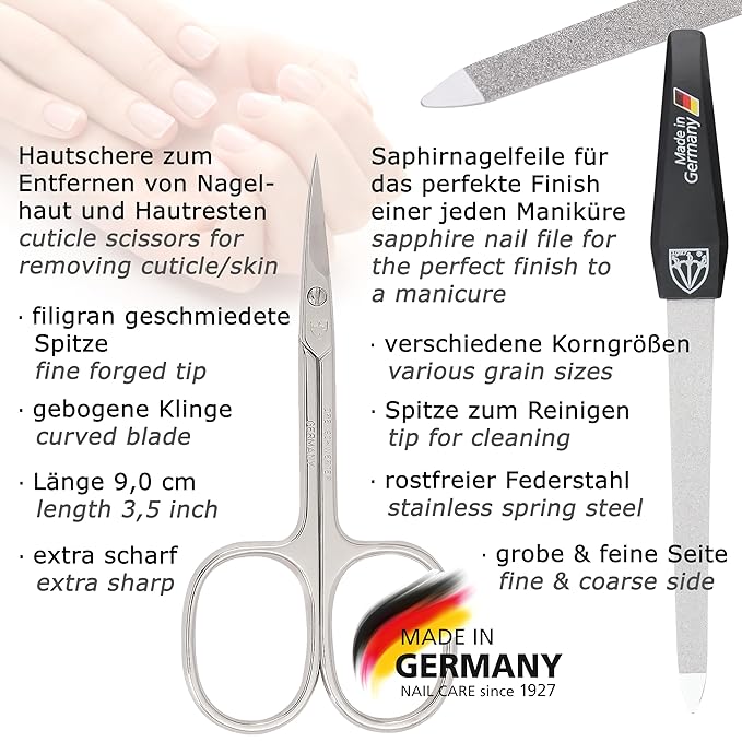 3 Swords Germany - brand quality 5 piece manicure pedicure grooming kit set for professional finger & toe nail care scissors clipper genuine leather black case in gift box, Made in Germany