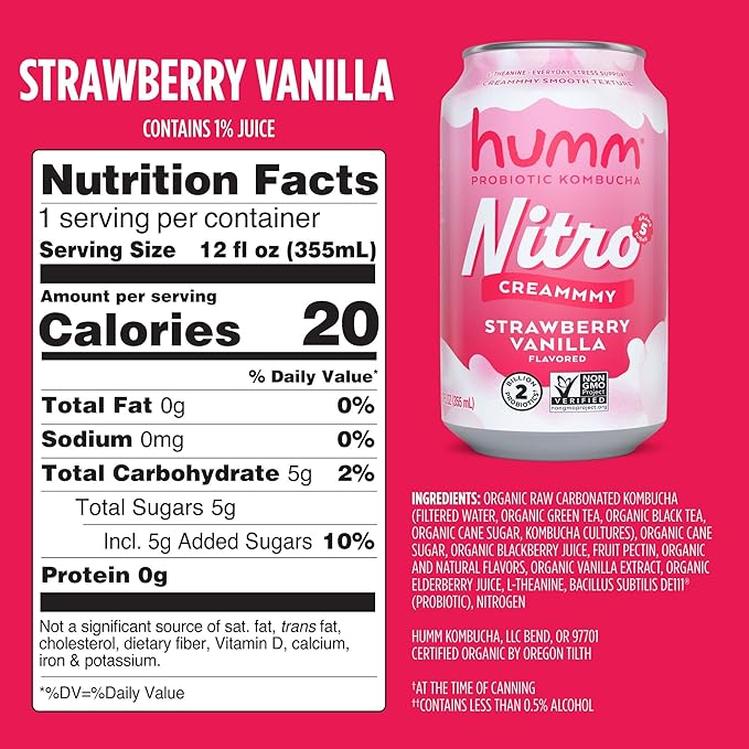 Humm Nitro Kombucha Strawberry Vanilla, Creamy Smooth Probiotic Drink with L-Theanine, Non-GMO, Vegan, Gluten Free, 12 fl oz (Pack of 12)