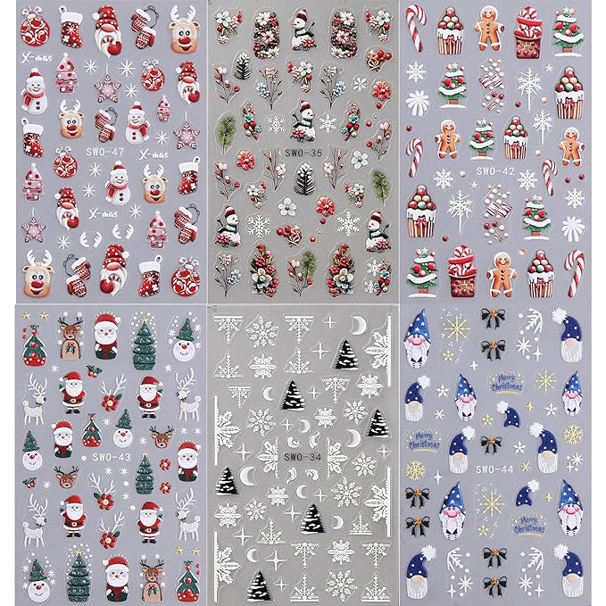6 Sheets Christmas Nail Art Stickers 5D Self-Adhesive Embossed Cartoon Santa Claus Elk Bluebird Designs Xmas Decals Winter Christmas Snowflake Lamp Ball Nail Stickers Supplies for DIY Manicure Decor
