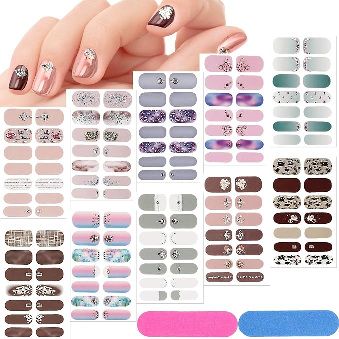 140 Pcs 10 Sheets Full Wrap Nail Stickers Polish Strips Gradient Stickers Glitter Self Adhesive DIY Art Decals Strips with 2 Pcs Nail Files for Holiday Decor (Shiny Style)