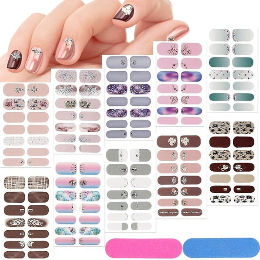 140 Pcs 10 Sheets Full Wrap Nail Stickers Polish Strips Gradient Stickers Glitter Self Adhesive DIY Art Decals Strips with 2 Pcs Nail Files for Holiday Decor (Shiny Style)