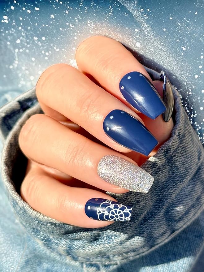 | 20 Exquisite Gel Nail Polish Strips w/Application Accessories - No UV/LED Lamp Required (Navy Elegance)