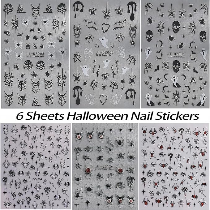Spider Ghost Nail Stickers for Nail Art, Halloween Cute Spider Web Crystal Diamond Spider Design Nail Decals 3D Self-Adhesive Halloween Nail Art Stickers Holiday Nail Decoration for Women 6Sheets
