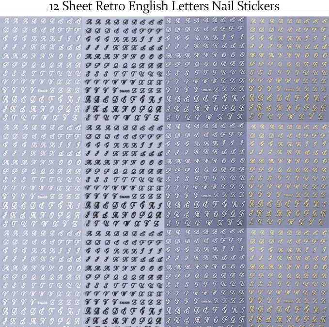12 Sheets English Letters Nail Stickers for Nail Art 3D Self-Adhesive Retro Gold Silver Nail Decals Black White English Pattern Design Nail Art Stickers for Women Manicure Tip DIY