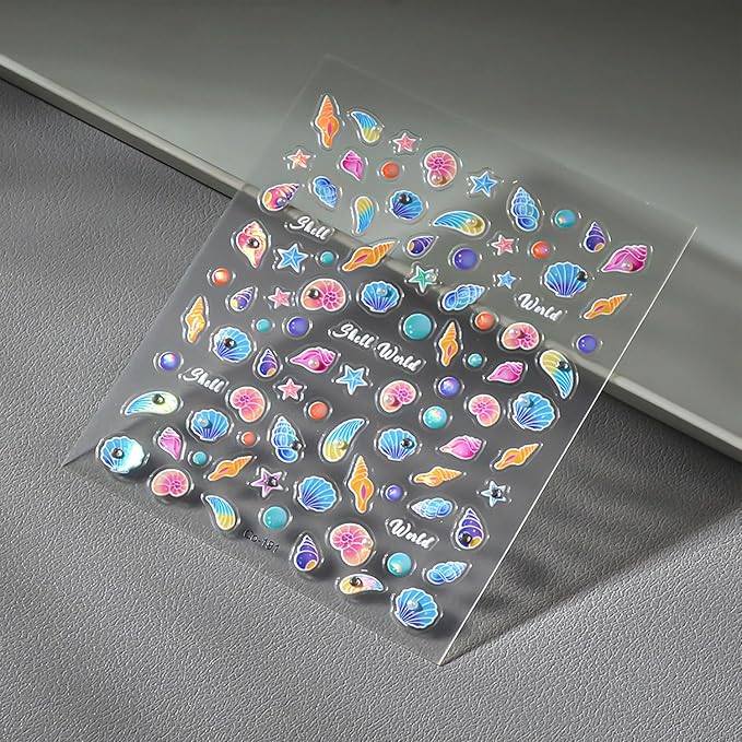 Summer Nail Stickers Shell Starfish Nail Art Stickers 5D Embossed Nail Decals Blue Ocean Theme with Pearl Design Cute Nails Supplies for Women