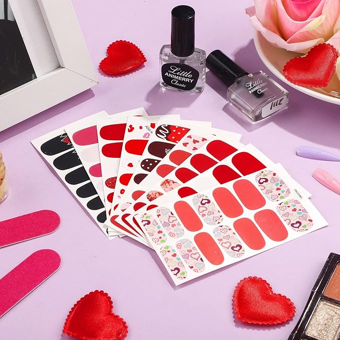 140 Pcs 10 Sheets Valentine's Day Full Wrap Nail Stickers Polish Strips Gradient Stickers Glitter Self Adhesive DIY Art Decals Strips with 2 Pcs Nail Files for Valentine Decor
