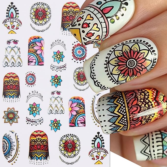Bohemian Style Nail Stickers - Boho Chic Dreamcatcher Ethnic Tribal Feathers Self-Adhesive 3D Nail Decals for Women DIY Totem Manicure(4 Sheets)