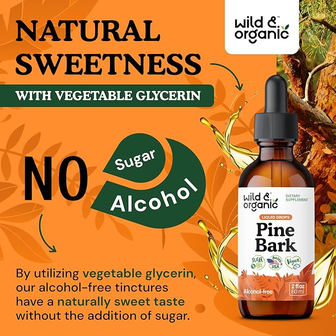 Wild & Organic Pine Bark Extract Tincture - Antioxidant Support - Pinus Pinaster Supplements - French Maritime Bark Liquid Drops - 2-Month Supply - Vegan, Alcohol & Sugar-Free - 2 fl oz