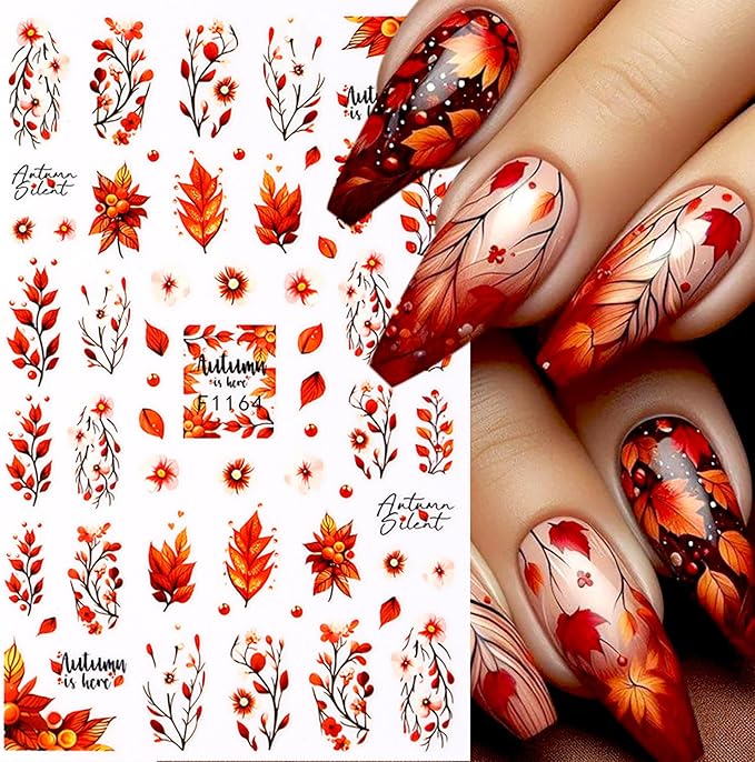 Fall Nail Stickers for Nail Art Maple Leaf Nail Decals 6PCS 3D Self-Adhesive Autumn Leaves Deer Pattern Design Stickers Decoration for Women DIY Holiday Party Nail Supplies Charms Accessories