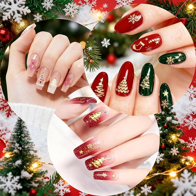 Allstarry Christmas Nail Stickers, 6 Sheets Christmas Nail Decals Chrome Gold Xmas Trees Snowflakes Snowman Reindeer Bow Winter Nails Sticker for Women Girl Gifts