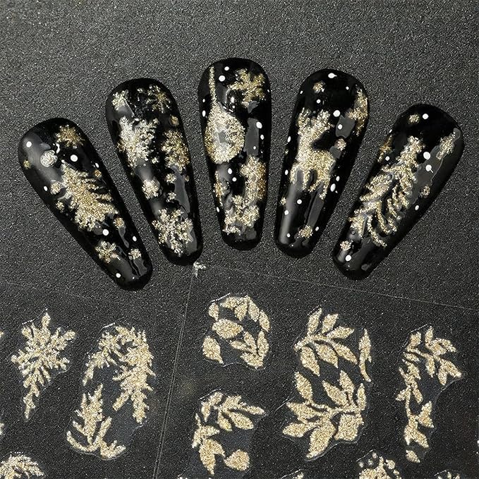 8Pcs Fall Nail Art Stickers, Gold Maple Leaves Nail Decals 3D Self-Adhesive Gold Fall Leaves Nails Stickers Glitter Nail Art Supplies for Women Nail Decoration