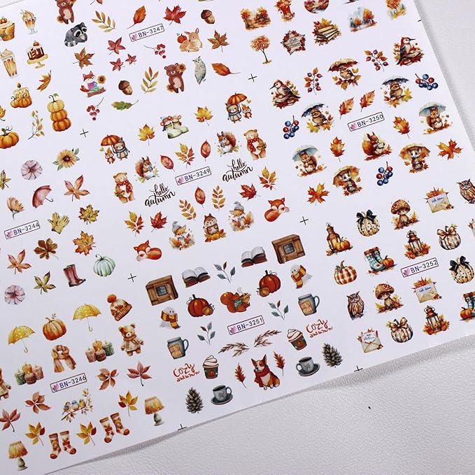 12 Sheet Fall Nail Art Stickers Decals Water Transfer Nail Stickers Maple Leaves Nail Stickers for Nail Art with Little Bear Squirrel Design Autumn Manicure Decoration for Women Nails Supplies