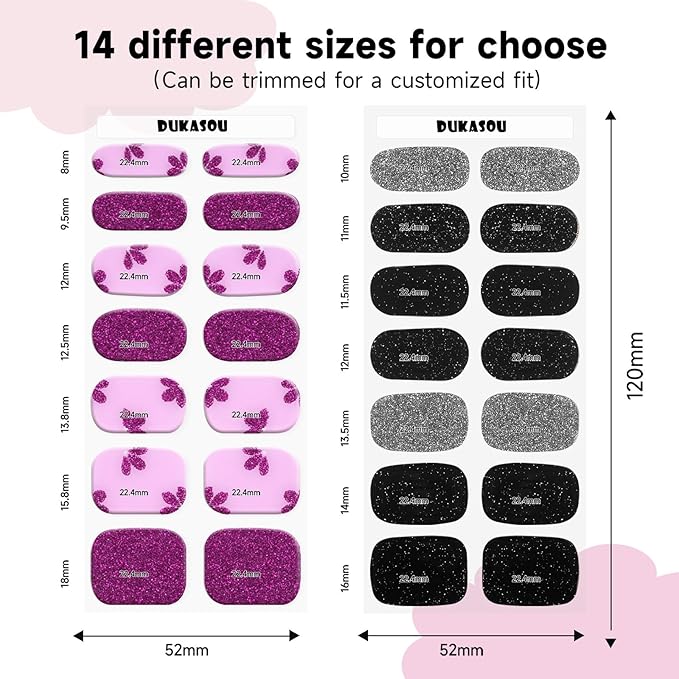 Semi Cured Gel Nail Strips 2 Set, (Glitter Black/Powder) 56 Pcs Gel Nail Wraps Stickers, Works with Any UV Lamps,Long Lasting,Salon-Quality, Easy to Apply