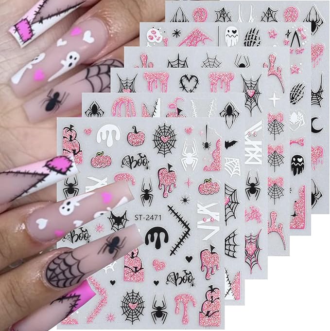 Halloween Nail Stickers Ghost Nail Art Stickers 3D Self-Adhesive Cute Spooky Spider and Spider Web Nail Decals Holiday Party Design Manicure Supplies for Women DIY Nails Decoration 6 Sheets