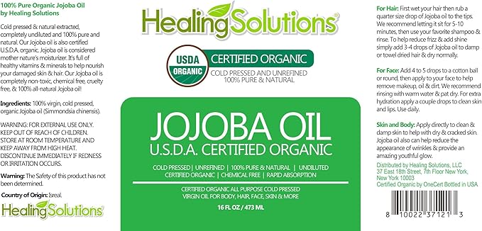Healing Solutions Oils Organic Jojoba Oil 16 oz Pure Cold Pressed 100% Natural Serum for Hair, Skin, Face, Body, Scalp, Cuticle & Nail, Unrefined Moisturizing & Acne Fighter Treatment 473 ml