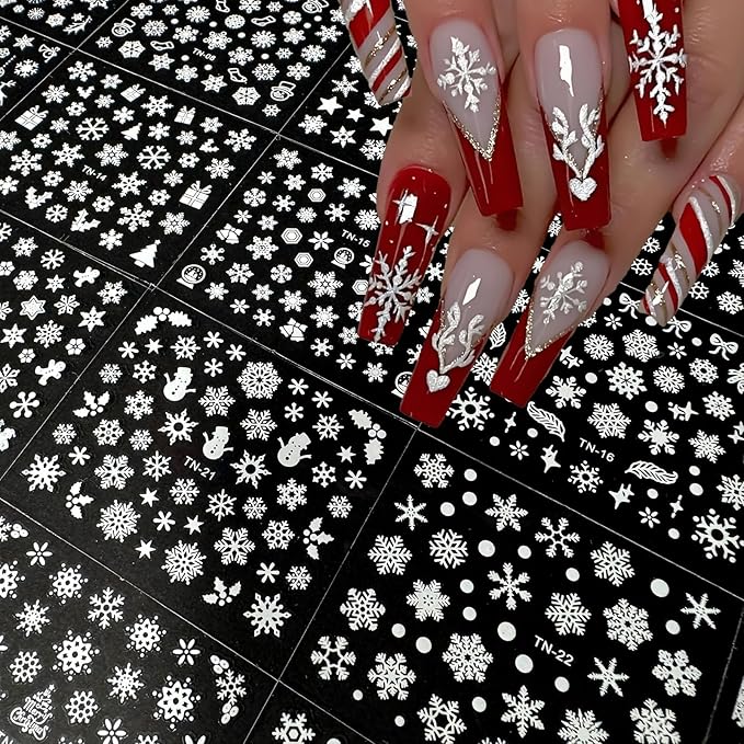 30 Sheets Christmas Nail Art Stickers 3D Self-Adhesive Snowflake Holiday Nail Stickers White Snowmen Santa Claus Elk Decals Decorations Supplies for Women (Snowflake)