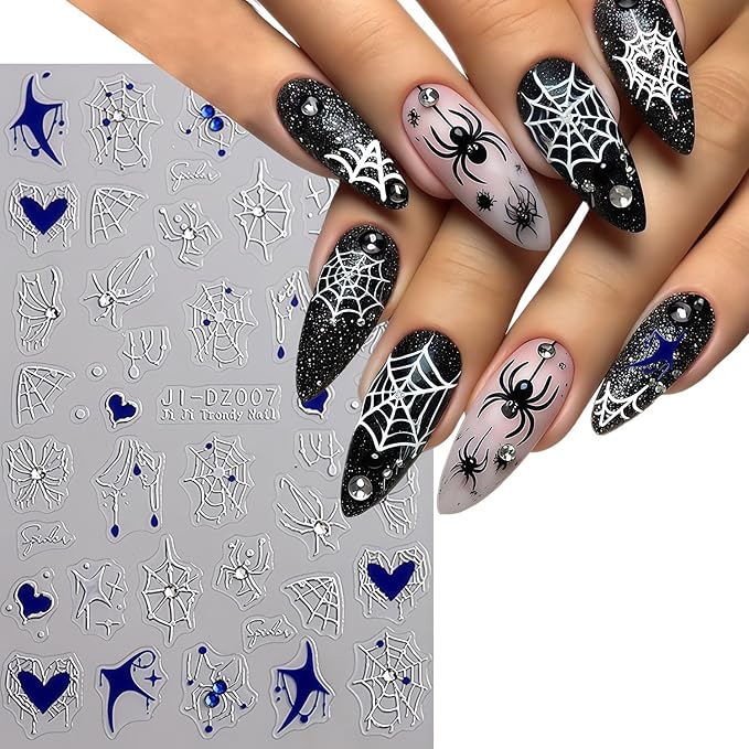Halloween Spider Web Nail Stickers 3D Self-Adhesive Rhinestone Spider Butterfly Nail Decals Red Blue White Heart Spider Web Pattern Design Nail Sticker for Women Halloween Holiday DIY Manicure