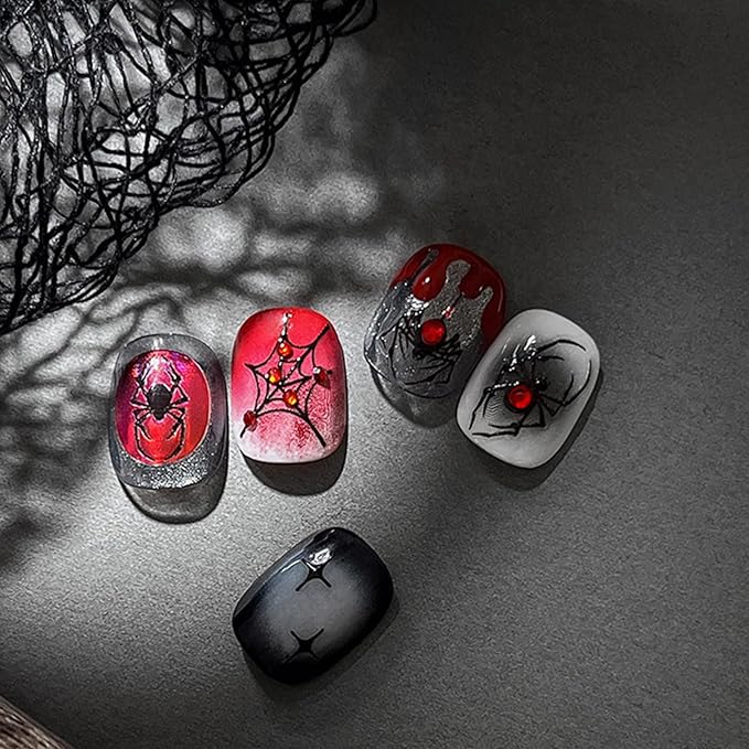 1Sheet Halloween Spider Nail Stickers for Nail Art Spider Web Nail Art Stickers 5D Embossed Halloween Nail Decals with Crystal Red Spider Web Nail Designs Manicure Decor for Women Manicure Supplies