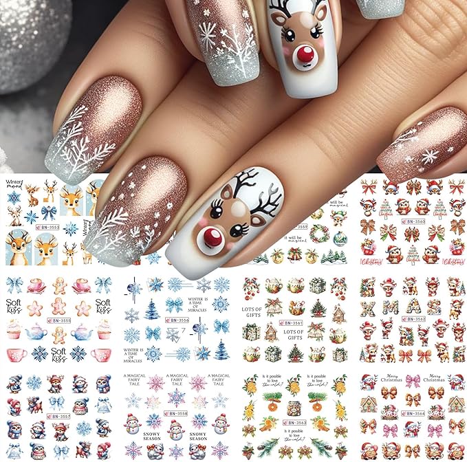 Christmas Water Decals for Nails 48 Designs Holiday Nail Stickers Snowmen Reindeer Water Transfer Nail Decals Christmas Santa Claus Snowflake Penguin Cute Cartoon Manicure Decoration for Women Girls