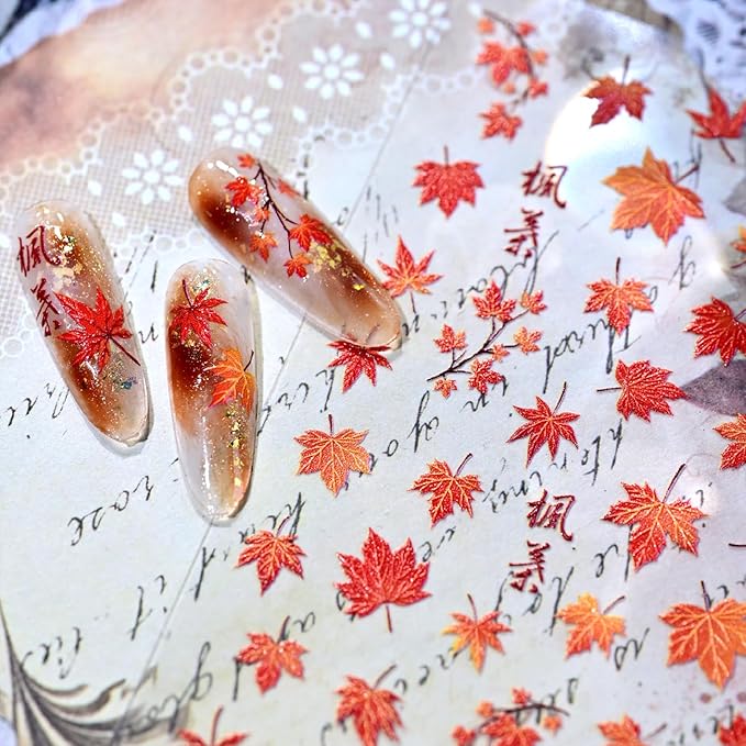 1 Sheet 5D Embossed Autumn Maple Leaves Nail Stickers for Nail Art Thanksgiving Day Nail Art Stickers Fall Nail Decals Red Glitter Maple Leaf Nails Design Nails Decoration DIY for Women Nail Supplies