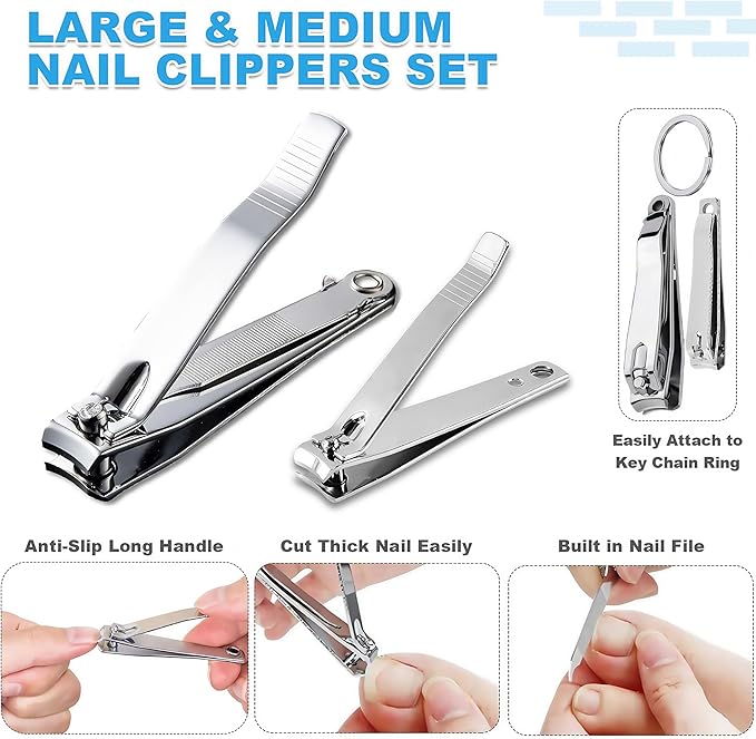 10-Piece Large Nail Clippers Kit with File for Men Women Seniors, Long Handled Fingernail & Toenail Clippers Set with Keychain, Manicure Kit Bulk for Travel, Gifts (Big + Medium