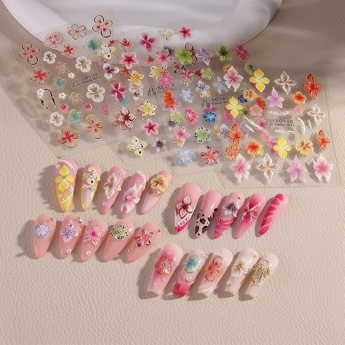Flower Nail Stickers for Nail Art Hawaiian Flowers Nail Decals 5D Self-Adhesive Embossed Floral Summer Nails Art Design Sticker Beach DIY Acrylic Salon Manicure Decoration Kit for Women