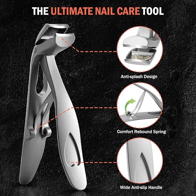 BEZOX Angled Head Nail Clippers for Seniors - Ergonomic Toenail Clipper for Thick Nails, Premium Steel Nail Cutter Trimmer with Catcher for Men and Women - Silver