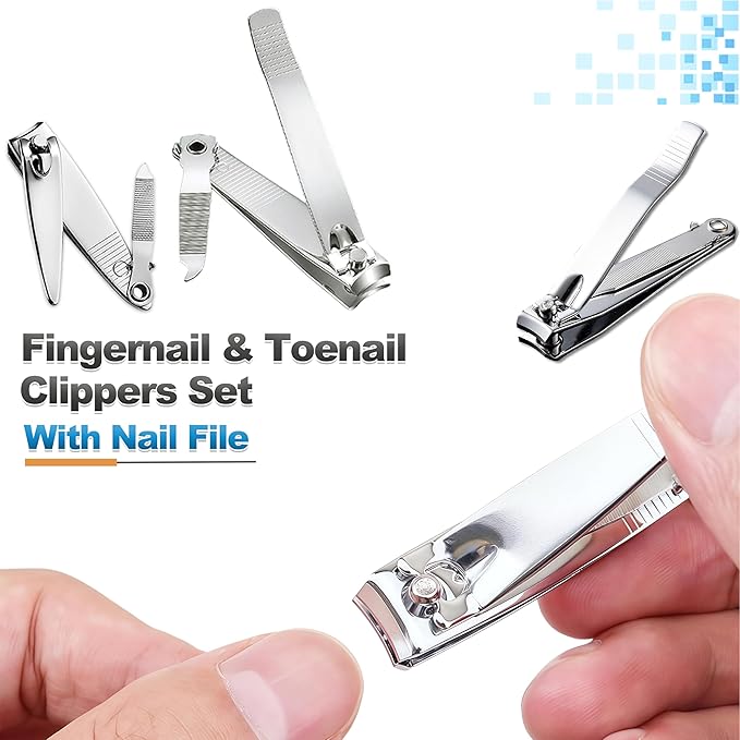 12-Piece Nail Clippers Set with File, 3 Inch & 2.1 Inch Toenail & Fingernail Clippers Bulk, Large Stainless Steel Nail Cutter Gifts for Men Women Seniors Adults(Silver)