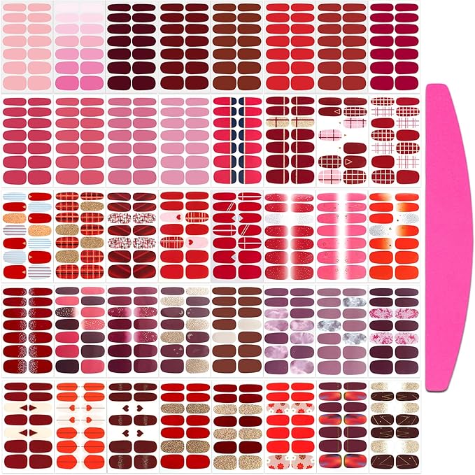 SILPECWEE 560 Pieces 40 Sheets Nail Polish Strips, Red Nail Stickers Full Nail Wraps for Women, Self Adhesive Gel Strips Manicure Design, Fingernail Sticker Nails with File