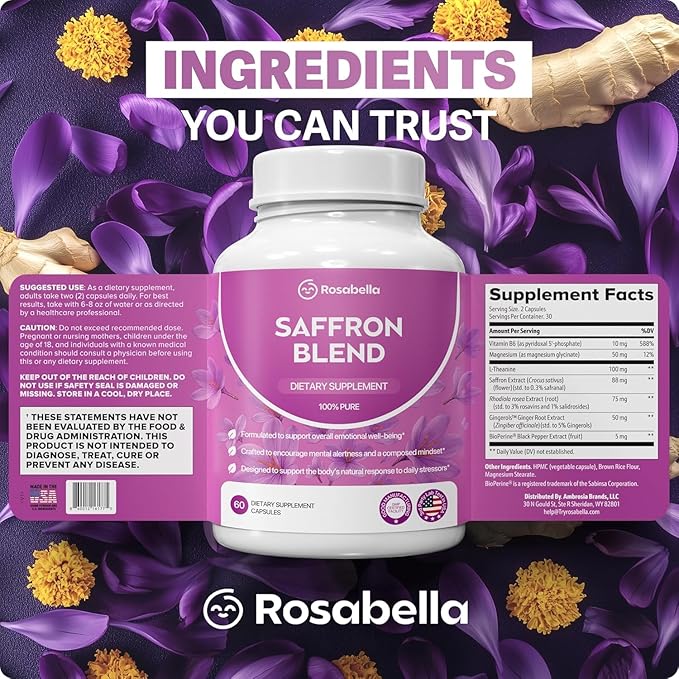 Rosabella Saffron Blend Supplement for Men & Women – Saffron, B6, Magnesium & Herbal Extract Capsules – Supports Mood, Focus & Clarity – Non-GMO, Gluten-Free – 180 Capsules – 90-Day Supply