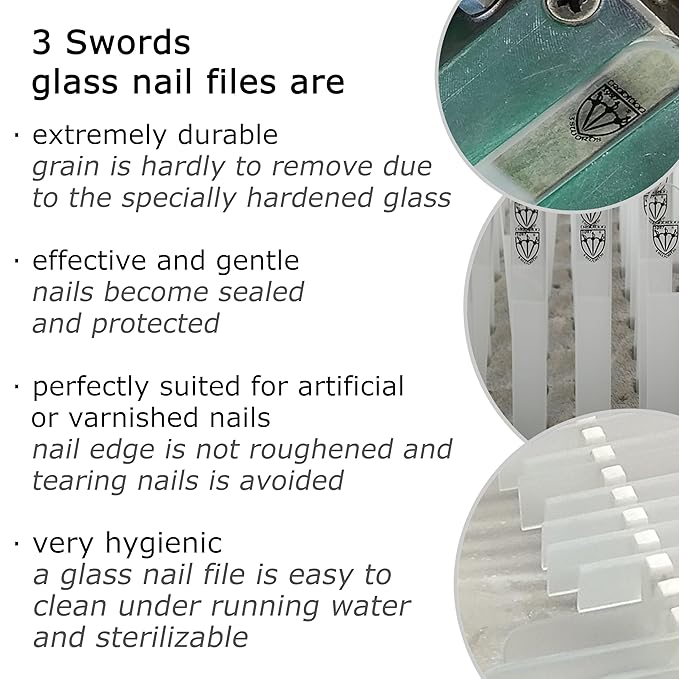 3 Swords Germany - Brand Quality Clear Double Sided Glass Nail File for Women & Girls, Perfect for Natural Fake Gel Artificial Acrylic fingernail, incl. Nail Buffer & Tube case for Travel (313)