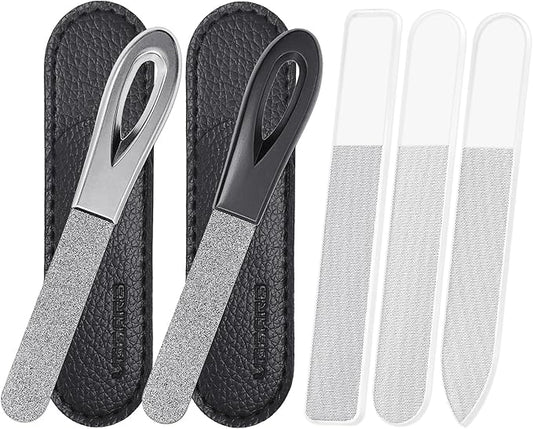 Toenail File for Thick Toenails, 3.6 Inch Stainless Steel Diamond Metal Finger Nail Files for Men and Women, Comes with Glass Polisher Set