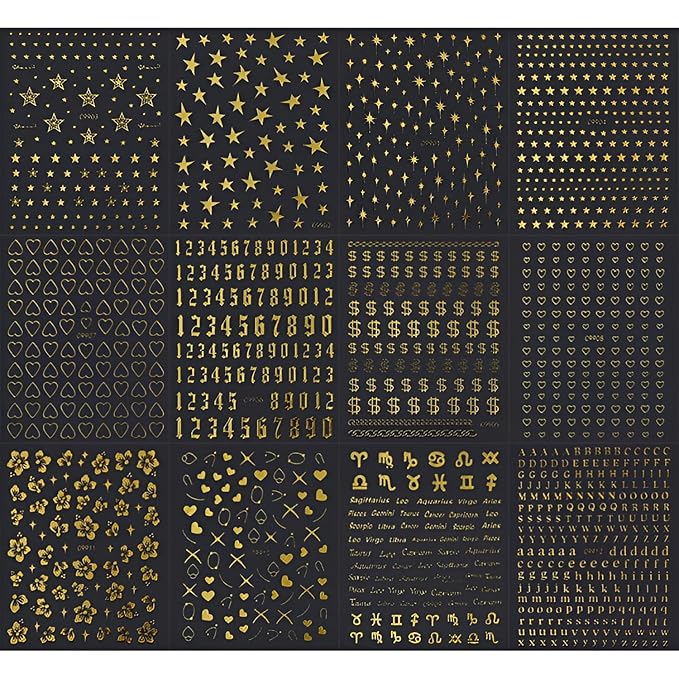 12 Sheets Gold Star Digit Heart Nail Art Stickers - 3D Self Adhesive Decals for Design and Decoration - Supplies Accessories for Women