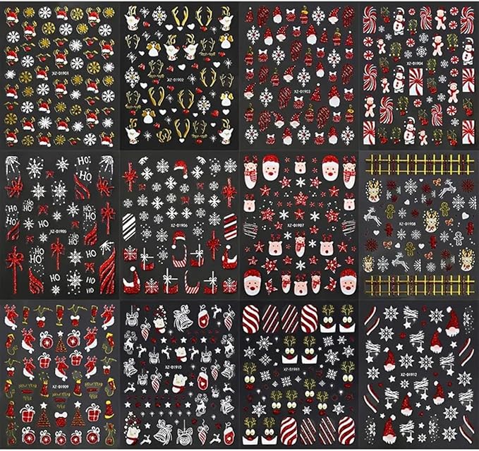 12Sheets Christmas Nail Art Stickers Snowflake Snowman 3D Self-Adhesive Xmas Nail Decals Nail Art Supplies Red Gold Santa Claus Elk Xmas Tree Santa's Hat Design Holiday Nail Art Accessories for Women