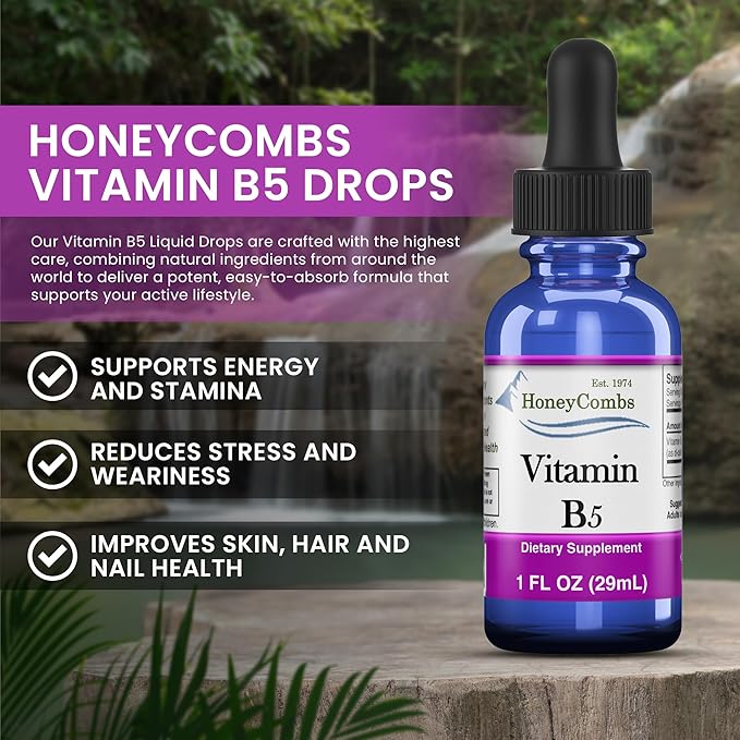 HoneyCombs Vitamin B5 Pantothenic Acid Supplement Liquid Drops - High Potency Vitamin B5 for Men & Women - Maintain Healthy Hormones, Immune System, Hair, Skin, Nails - Vegan Liquid Vitamins (1 Fl oz)