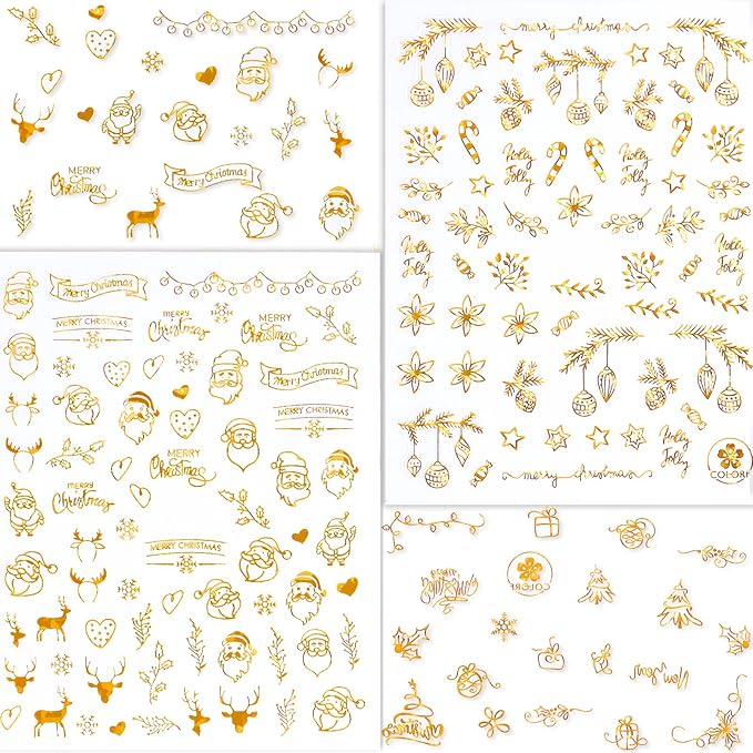 HNUIX Nail Stickers - 3D Christmas, Self Adhesive Nail Decals, Multi Pattern, Gold, 9 Sheets, for Nail Art