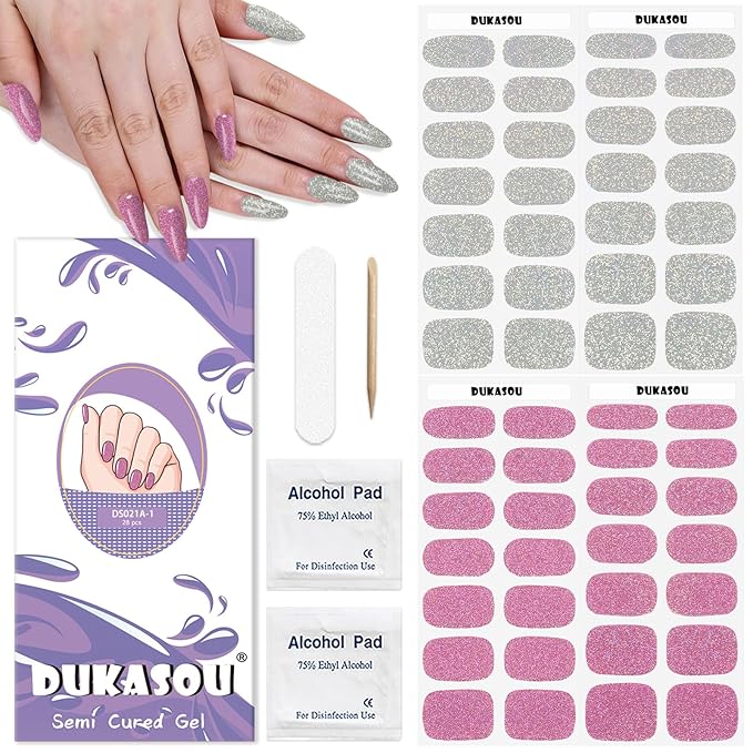 Semi Cured Gel Nail Strips 2 Set, (Glitter Silver/Pink) 56 Pcs Gel Nail Wraps,Stickers Works with Any UV/LED Lamps,Long Lasting,Salon-Quality, Easy to Apply