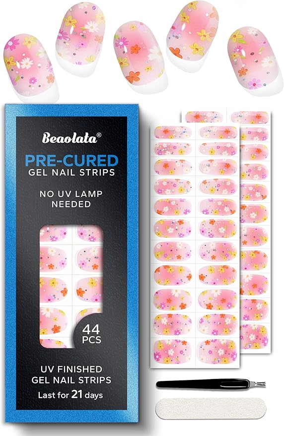 Pre Cured Gel Nail Strips - 44PCS Salon Quality Gel Nail Stickers - Long Lasting Polish Wraps for Women no UV Light Needed Easy Apply& Remove (Strawberry Pink)