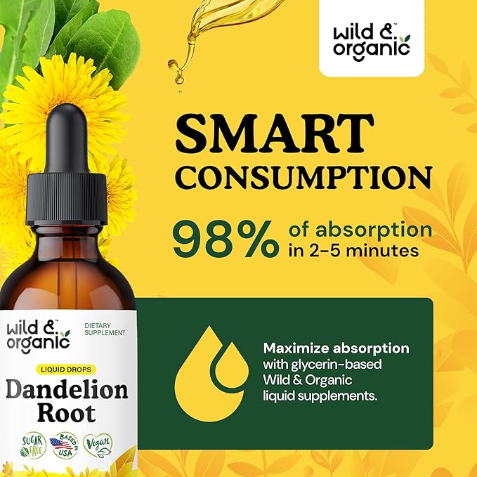 Wild & Organic Dandelion Root Supplement Drops - Liver Cleanse Support - Dandelion Root Tincture for Liver Detox - Vegan, Sugar & Alcohol-Free Liquid Extract - 2 fl oz