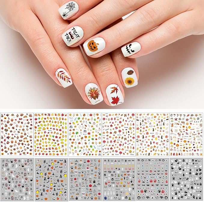 1000+ Patterns Halloween and Autumn Fall Nail Art Decals Pumpkin Maple Leaves Nail Self-Adhesive Stickers Spider Web Bat for Women Girls Nail Design Manicure Happy Halloween Thanksgiving Day