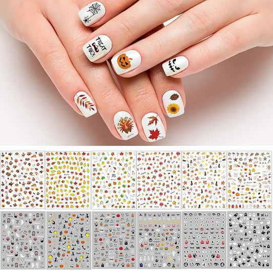 1000+ Patterns Halloween and Autumn Fall Nail Art Decals Pumpkin Maple Leaves Nail Self-Adhesive Stickers Spider Web Bat for Women Girls Nail Design Manicure Happy Halloween Thanksgiving Day