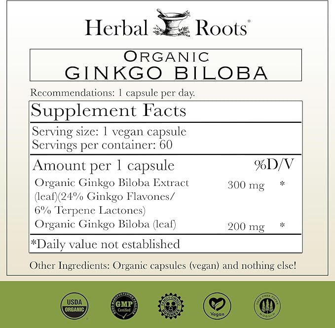Herbal Roots Brain Health Duo, Organic Mushrooms and Organic Ginkgo Biloba, Powerful Boost for Brain Health, Non-GMO